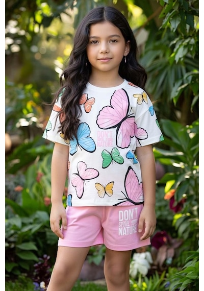Riccotarz Kız Çocuk Üzeri Renkli Digital Kelebek Baskılı T-shirt Pembe Şortlu Takım Pembe