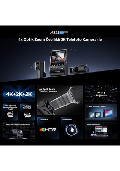Viofo A329T 3 Kameralı Ön+Telefoto+Arka 4K+2K+2K Wi-Fi 6 HDR Sony STARVIS 2 Sensör GPS'li SSD Destekli Araç Kamerası