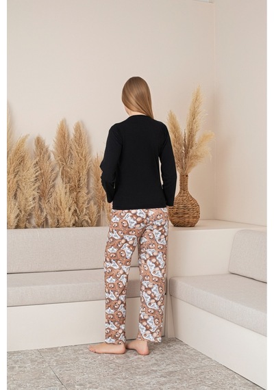Kadın Pamuklu Baskı Detaylı Uzun Kollu Pijama Takım Siyah