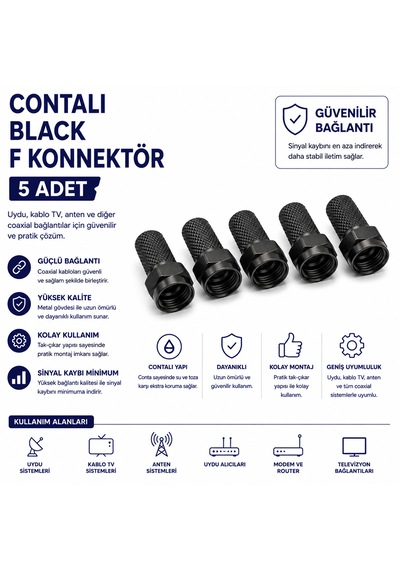 Contalı Black F Konnektör 5 Adet Siyah Uydu Anten Kablo Tv Koaksiyel Kablo Bağlantı Ucu