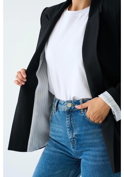 Defymoda Astarı Çizgili Ceket - Siyah Siyah