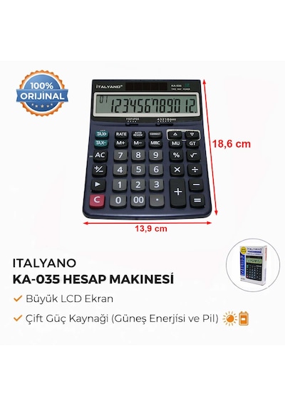12 Haneli Lcd Ekran Fonksiyonlu Büyük Hesap Makinesi Çift Güçlü Güneş+pil Geriye 100 Adım Kontrol Lacivert