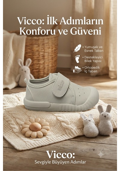 Vicco Ortopedik İç Astar Çıkıntılı Pudra Kız Bebek İlk Adım Ayakkabbısı Ortopedik Hafif Esnek Gri