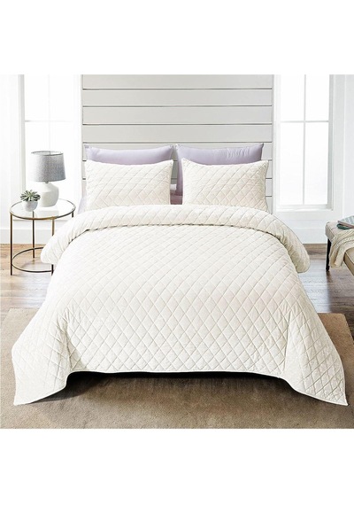 Evlen Home Kapitone Kadife Yatak Örtüsü Seti Çift Kişilik Supersoft 3 Parça Yumuşak Elyaf Dolgulu Krem Krem