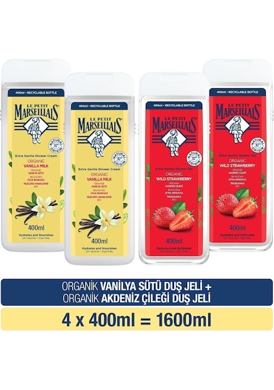 Le Petit Marseillais Organik Vanilya Sütü Duş Jeli 400 ml x2 + Akdeniz Çileği Duş Jeli 400 ml x2