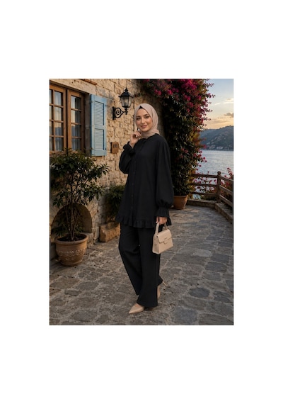 Hira Life Fashion Kadın Çilek Kumaş Dik Yaka Düğmeli Fırfır Detaylı Tesettür Tunik Pantolon İkili Takım Siyah Siyah