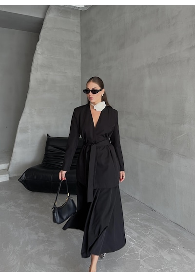 Siyah Elegant Kuşaklı Ceket Siyah