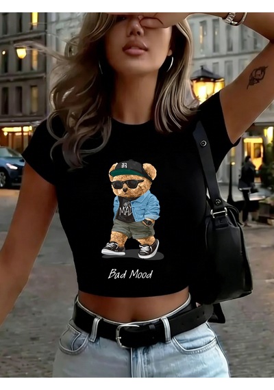 Noıssey Kötü Ruh Hali Karikatür Ayı Baskılar Kadın Kırpma Üstleri Yaz O-boyun İnce Tişörtler Yüksek E Siyah