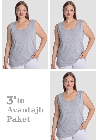 Hadpols Premium Kadın Pamuklu Büyük Beden Kalın Askılı Atlet 3'lü Paket Konforlu Nefes Alan Alt Giyim Gri-3