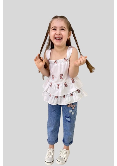 Turuncu Gardrop 3-10 Yaş Fiyonk Detay Bluz Ve Kot Pantolon Seti Beyaz