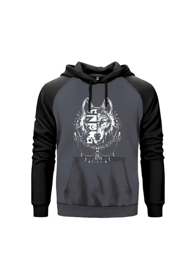 Beyaz Eskiz Tarzı Kurt Başı Baskılı Gri Renk Reglan Kol Sweatshirt Kapşonlu