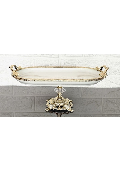 Porselen Küçük Sade Kayık Sunumluk Döküm Gold Çerçeveli Ve Ayaklı 30 Cm Beyaz