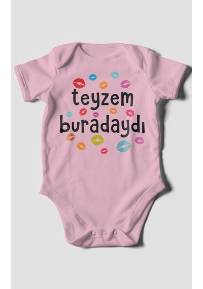Teyzem Buradaydı Baskılı Bebek Zıbını Çıtçıtlı Body %100 Pamuk Kısa Kol Koyu Pembe
