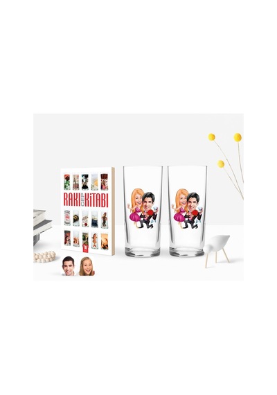 Kişiye Özel Renkli Baskılı Sevgililer Karikatürlü İkili Rakı Bardağı Ve Rakı Cep Kitabı Hediye Seti-9