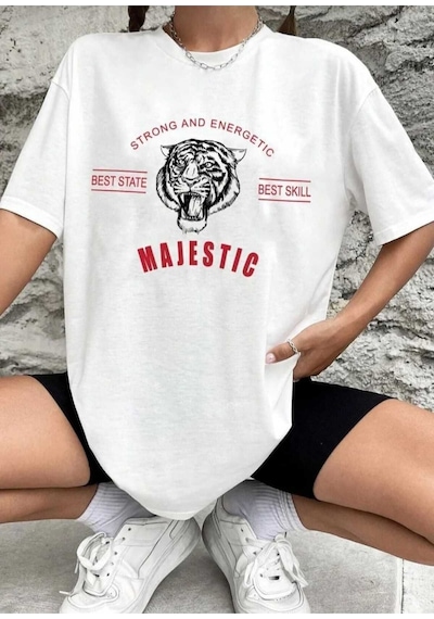 Kozia Outdoors Majestıc Baskılı Oversize Basic O Yaka Unisex T-shirt Beyaz