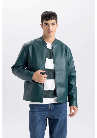 DeFacto Su İtici Slim Fit Dar Kesim Dik Yaka Fermuarlı Suni Deri Mont D8525AX25SPGN919