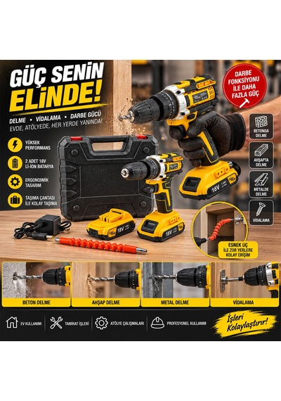 Sarı 1850 Rpm Stanlıy-cordless 18w Şarjlı Matkap Seti Çantalı Yedek Batarya Ats1402 5673