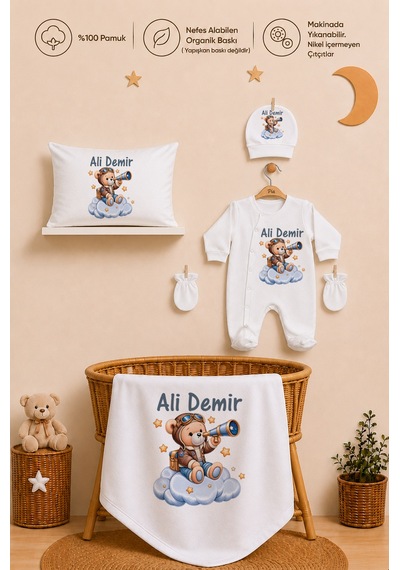 Pia Baby 11 Parça İsme Özel Erkek Bebek Hastane Çıkışı %100 Pamuk Organik Baskılı 100711yx Ekru