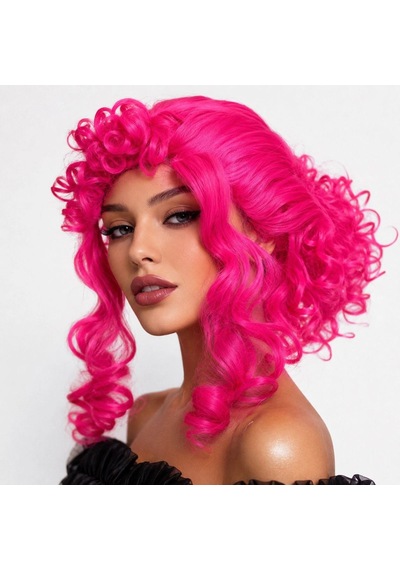 Neon Pembe Bukleli Kıvırcık Cosplay Peruğu - İçi Astarlı