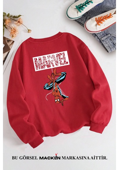 Macklin Unisex Kadın Erkek Marvel Spiderman Ön Ve Arka Özel Tasarım Baskılı Bisiklet Yaka Sweatshirt Kırmızı Mck1405 Kırmızı