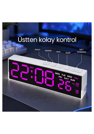Akıllı Led Dijital Masa Saati Mor Renk