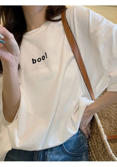 Boo T-shirt - Beyaz Oversize Baskılı Bisiklet Yaka Beyaz
