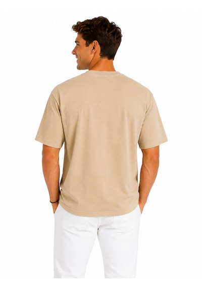 Vasto Moda Erkek Tam Oversize Kalıp Kalın Dokulu Organik Pamuk Bisiklet Ribana Yakalı Bej T-shirt