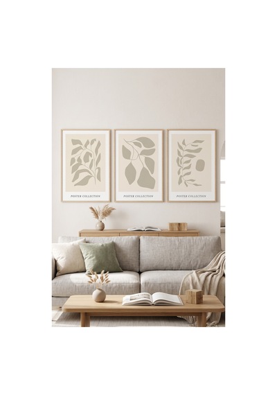 Doğal Ahşap Çerçeveli Minimalist Botanik Yaprak Üçlü Duvar Tablosu Modern Doğal Dekorasyon Kabartma Görünümlüdür Bej