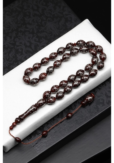 925 Ayar Gümüş İşlemeli Kuka Ağacı Tesbih 9 X 12 Mm Arpa Kesim - T-1871