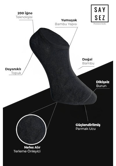 Saysez Bambu Erkek Sneaker Füme Çorap Dikişsiz Görünmez Spor Bilek 4'lü Füme