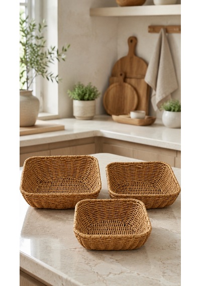 3'lü Kare Hasır Sunumluk Sepet Badya Leğen Tabak Kase - Masaüstü Organizer Rattan Sunum Meyvelik - Ekstra Kaliteli Çelik Rattan 26 X 26