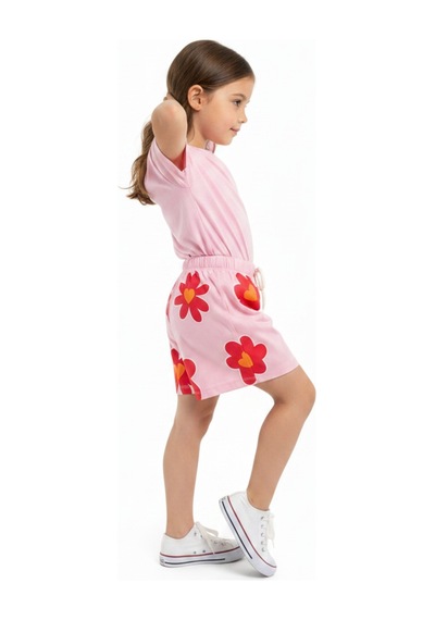 Toontoy Kids Toontoy Kız Çocuk 2'li Şortlu Takım Bisiklet Yaka Kısa Kollu Baskılı Tişört - Beli Lastikli Bağlamalı Baskılı Şort 25035 Pembe