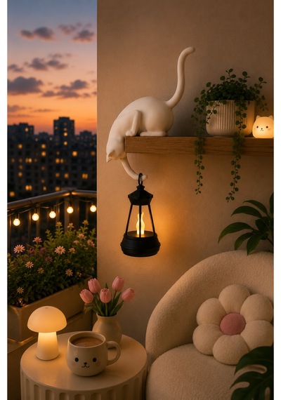 23 Cm Dekoratif Kedi Ve Led Fener Seti Modern Raf & Masa Süsü Sb