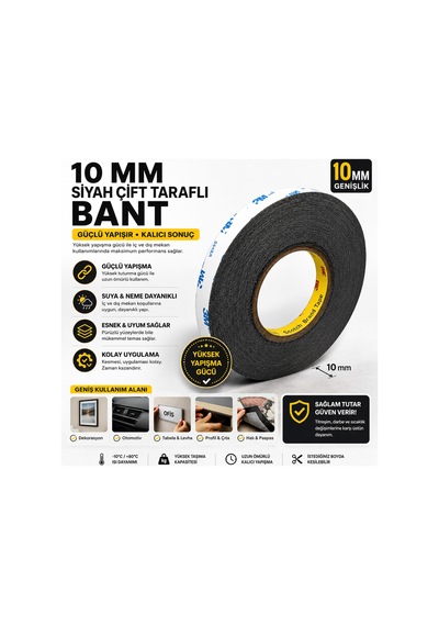 Scotch Çift Taraflı Bant 10 Mm X 50 Metre Güçlü Yapıştırıcı Siyah Akrilik Bant Ekran Cam Kasa Kapak Tamir Bandı