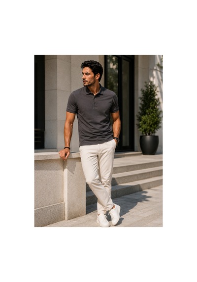Luxic Core Erkek Polo Yaka Füme Tişört Likralı Pike Kumaş Terletmez Slim Fit Günlük Şık Tasarım