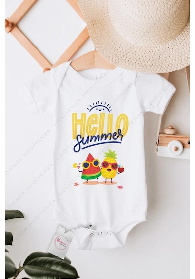 Hediyenza Hello Summer 2 Özel Tasarım Bebek Zıbın Pamuklu Çıtçıtlı Body Beyaz