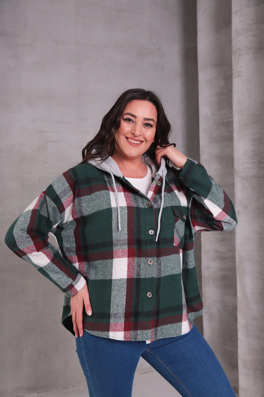 Mamayaga Kadın Curve Desenli Renkli Oduncu Oversize Büyük Beden Ceket Gömlek Zümrüt