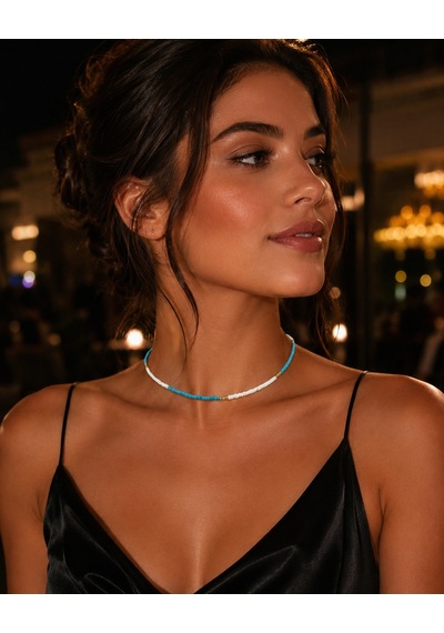 Aqua Zarafet Turkuaz Beyaz Boncuklu Altın Detaylı Kadın Choker Kolye, Minimal Günlük Kolye Renkli