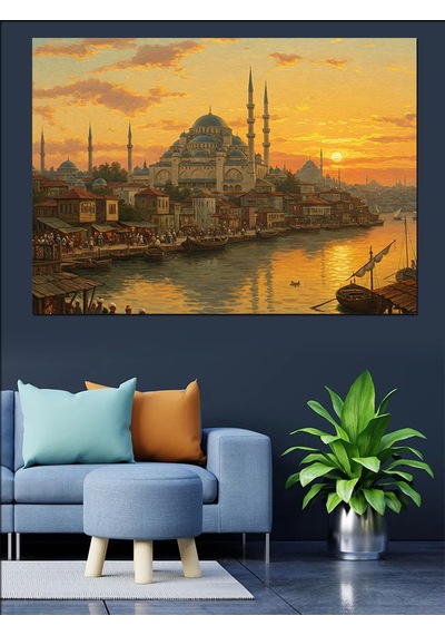 Osmanlı Gün Batımında İstanbul Silueti Dekoratif Kanvas - Mdf Ahşap Tablo