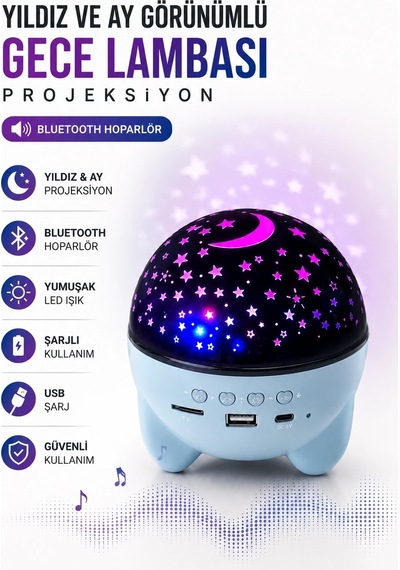 Buğz Gökyüzü Temalı Bluetooth Ve Hoparlörlü Şarjlı Çocuk Gece Lambası .