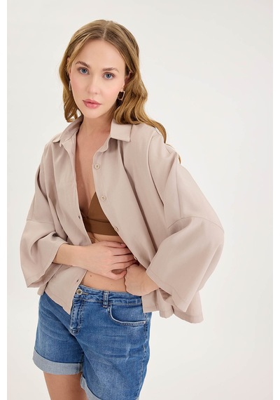 Vitrin Düşük Omuz Oversize Crop Gömlek Taş