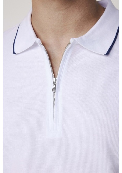 Tudors Erkek Polo Yaka Slim Fit Pamuk Fermuarlı Pike Beyaz Tişört-27688-Beyaz