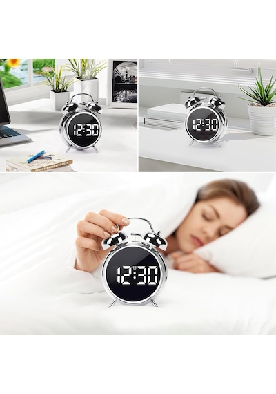 Valkyrie Led Ekranlı Analog Alarmlı Masa Saati Çalar Saat Pil Dereceli Çift Alarmlı Dijital Saat Gümüş