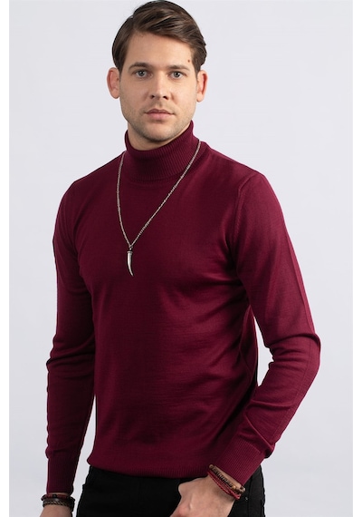 Tudors Slim Fit Dar Kesim Tam Boğazlı Yaka Düz Yün Erkek Kazak-23920 Bordo