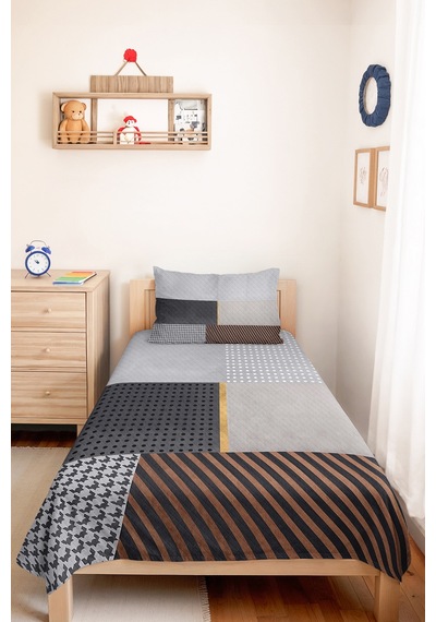 Gri Geometrik Genç Odası Tek Kişilik Pike Takımı - Antrasit Bakır 160x220 Cm Kapitone Yatak Örtüsü Kırık Nehir Harmonu