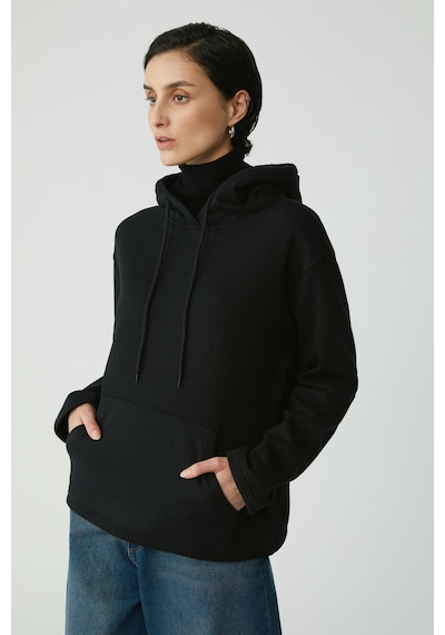 Ethıquet Pıper Kadın Içi Polarlı Yumuşacık Comfort Fit Kapüşonlu Kanguru Cepli Siyah Sweatshirt