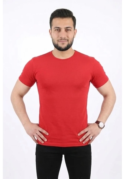 Defymoda Erkek Basic Tişört Bisiklet Yaka Kısa Kol Günlük Yazlık Slim Fit T-shirt - Kırmızı