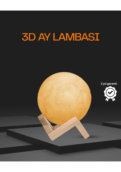 Ahşap Standlı 3d Baskı Ay Lambası 16 Renkli Ve Şarjlı Sarımsı Turuncu