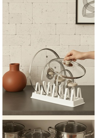 6 Bölmeli Beyaz Plastik Tabak Tencere Kapak Düzenleyici Organizer Mıt1306 30x16x8 Cm Çok Renkli