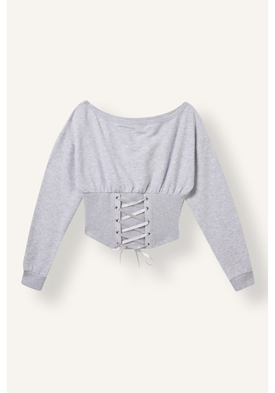 Defacto Slim Fit Kayık Yaka Korse Detaylı Crop Basic Sweatshirt I4984ax26augr256 Gri-gr256
